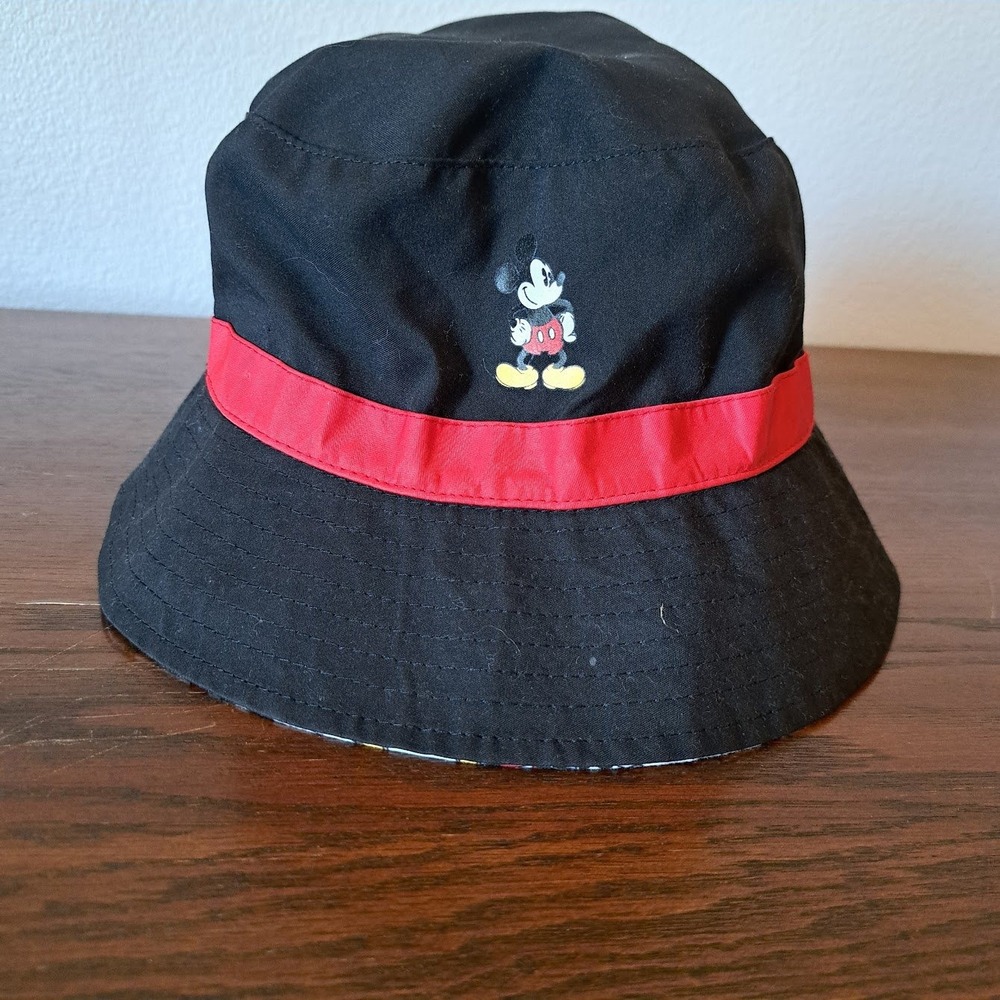 Disney Mickey‎ Mouse Reversible Bucket Hat Black Red All Over Print Sun Hat 24in